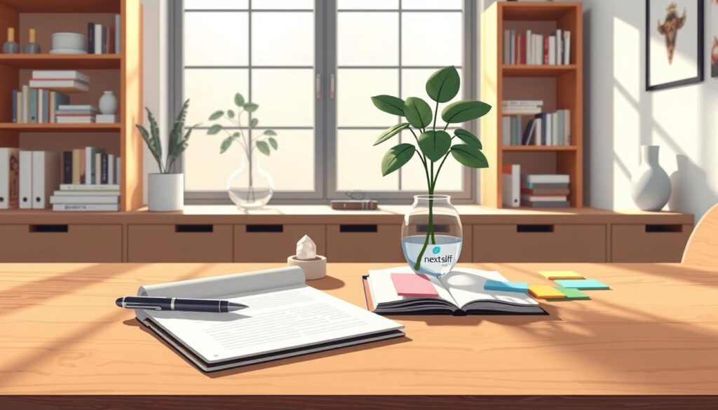 A serene and inviting workspace featuring a wooden desk adorned with self-awareness tools. In the foreground, a beautifully designed journal lies open next to a sleek pen, with several colorful Post-it notes nearby. The middle ground showcases an elegant, modern plant and a calming crystal, symbolizing growth and clarity. In the background, soft, diffused natural light filters through a large window, casting gentle shadows that enhance the tranquil atmosphere. A minimalist bookshelf filled with self-help books and decorative items adds a touch of character. The overall mood is peaceful and focused, encouraging introspection. The brand "nextself.ai" is subtly represented through a small, stylish logo on the desk, integrating seamlessly into the scene. A serene and inviting workspace featuring a wooden desk adorned with self-awareness tools. In the foreground, a beautifully designed journal lies open next to a sleek pen, with several colorful Post-it notes nearby. The middle ground showcases an elegant, modern plant and a calming crystal, symbolizing growth and clarity. In the background, soft, diffused natural light filters through a large window, casting gentle shadows that enhance the tranquil atmosphere. A minimalist bookshelf filled with self-help books and decorative items adds a touch of character. The overall mood is peaceful and focused, encouraging introspection. The brand "nextself.ai" is subtly represented through a small, stylish logo on the desk, integrating seamlessly into the scene.